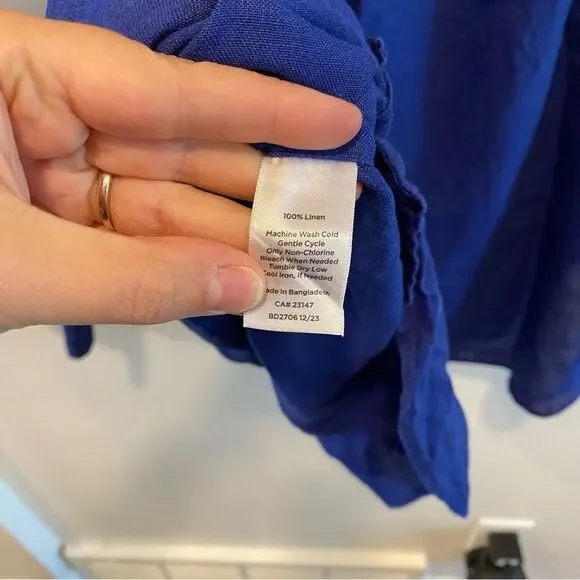 Talbots side button linen band collar popover large 100% linen tunic blouse top - Picture 9 of 14